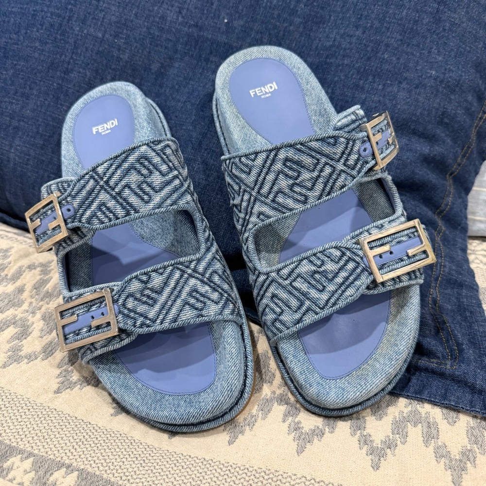 Authentic Fendi  Denim Blue Buckle Sandals + original box